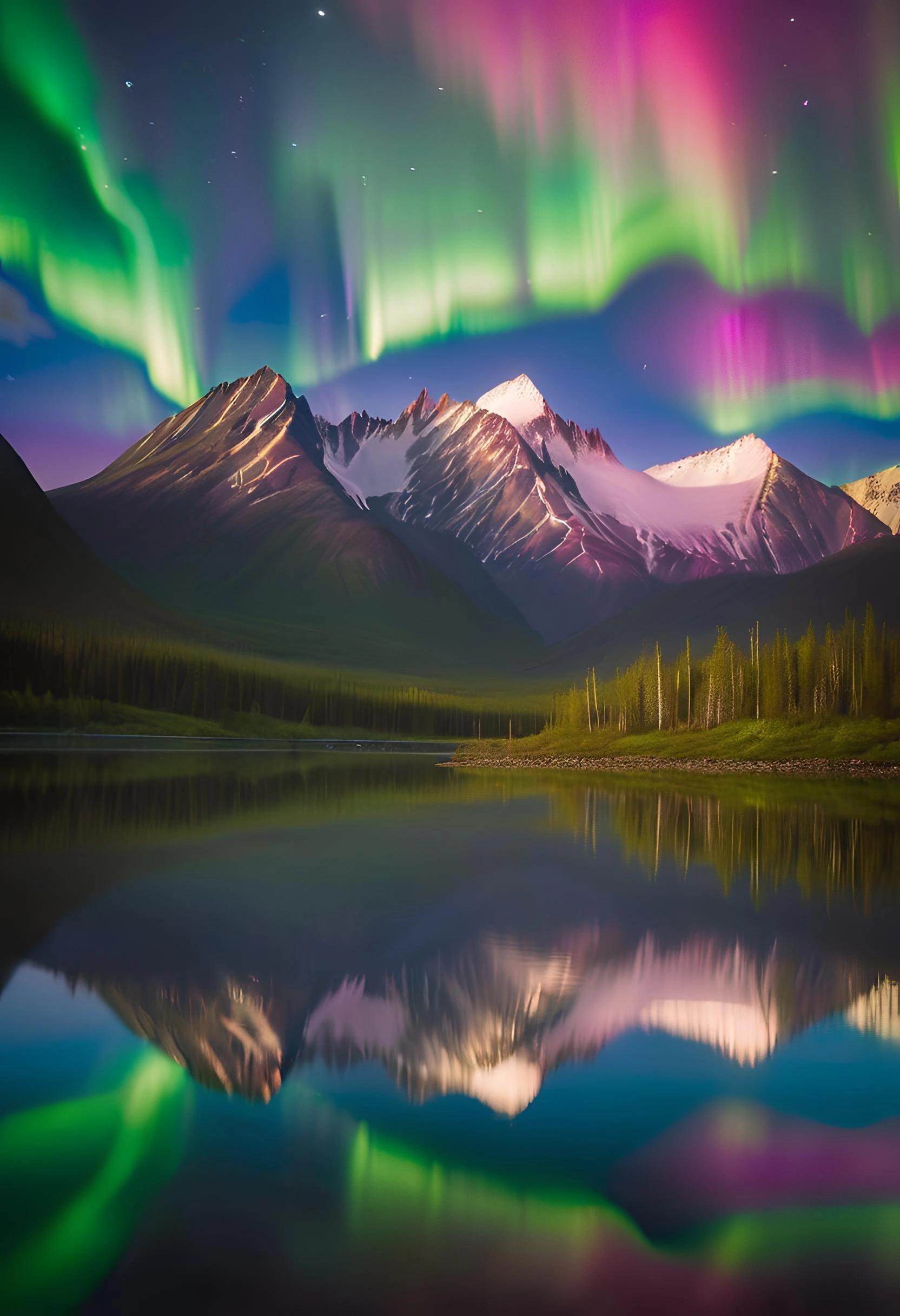 Alaskan northern lights over mountains and water